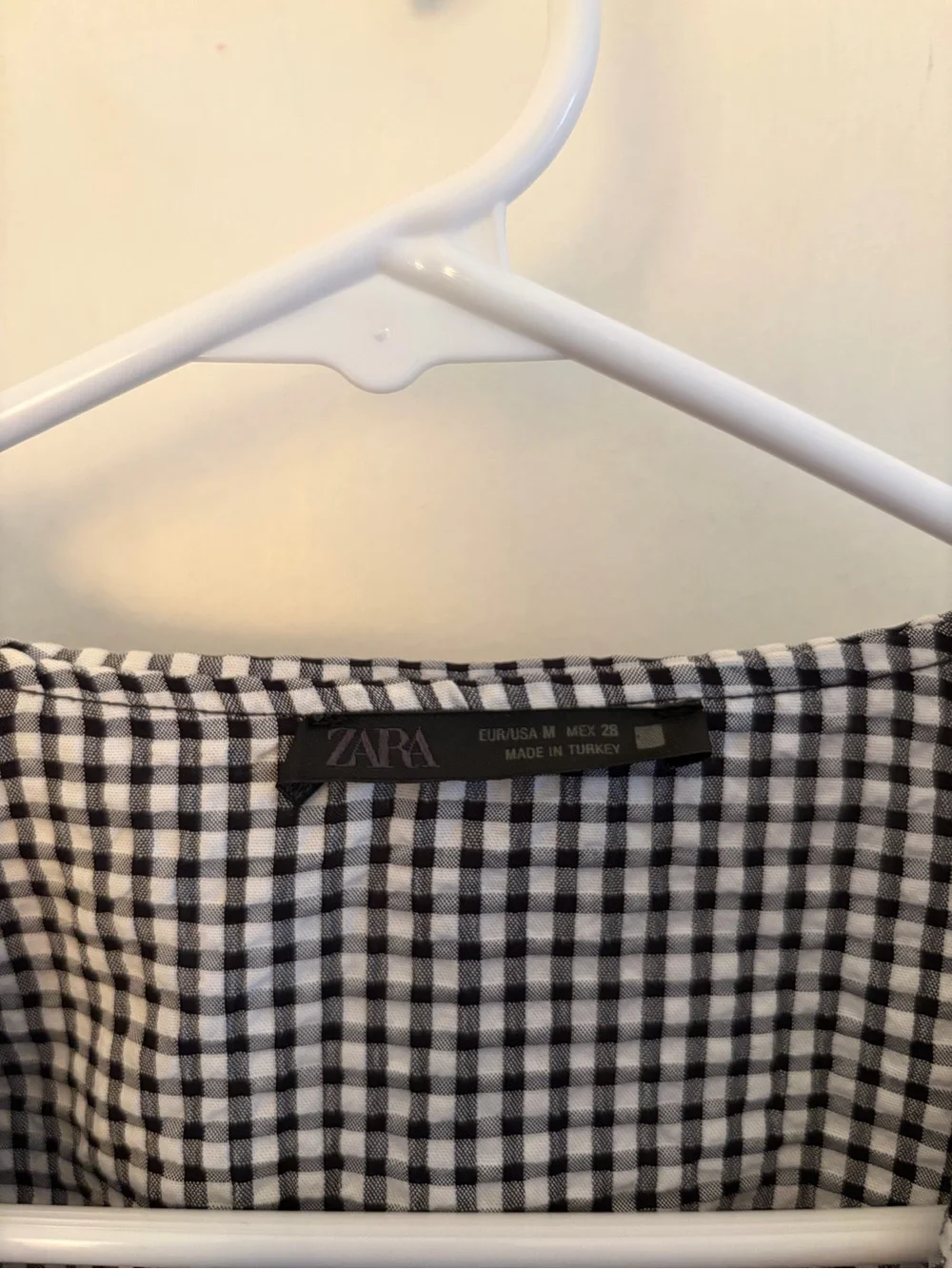 Zara Black and White Gingham Ruffle Tie-Neck Blouse